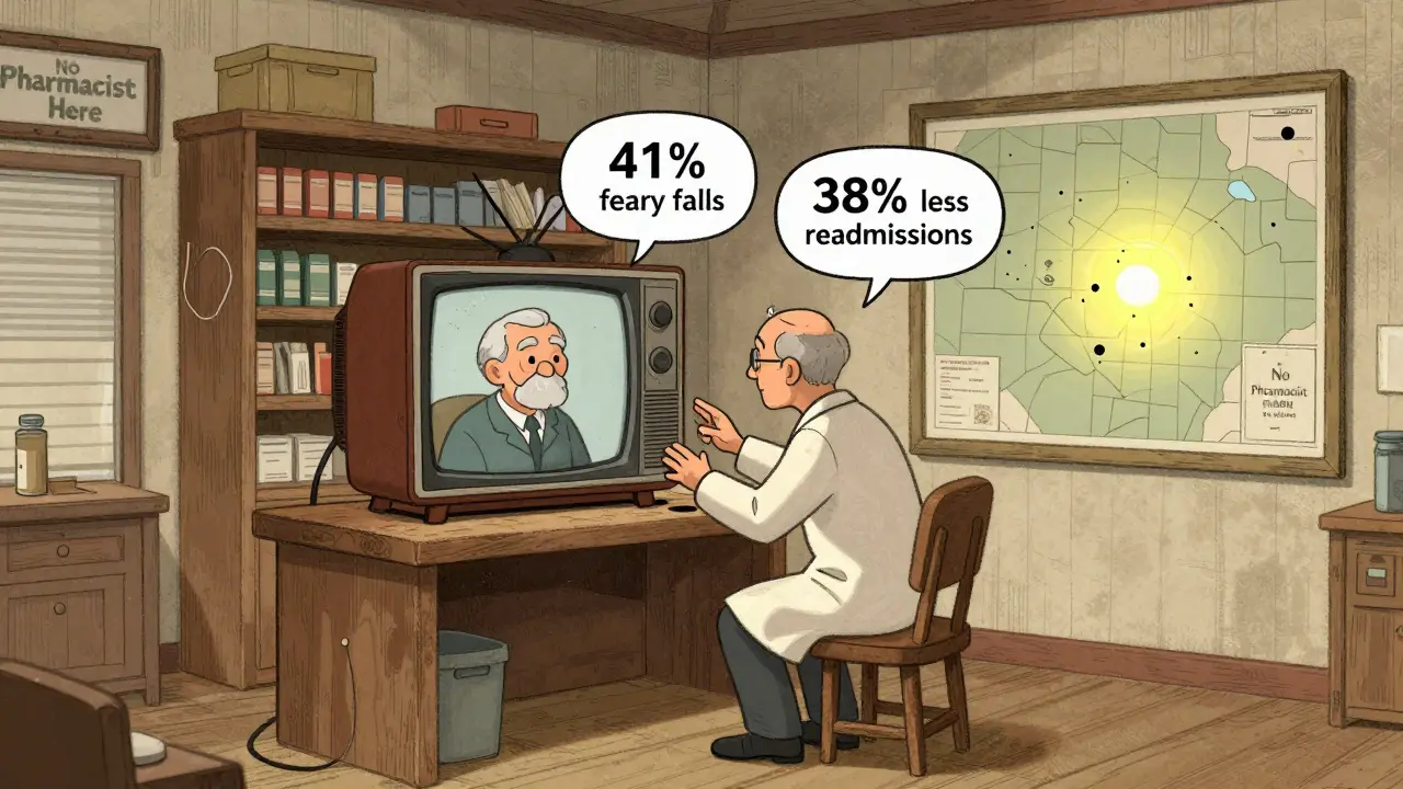 Un pharmacien aide un patient rural par vidéo, tandis qu'une carte montre les zones sans service, avec des chiffres de succès flottants.