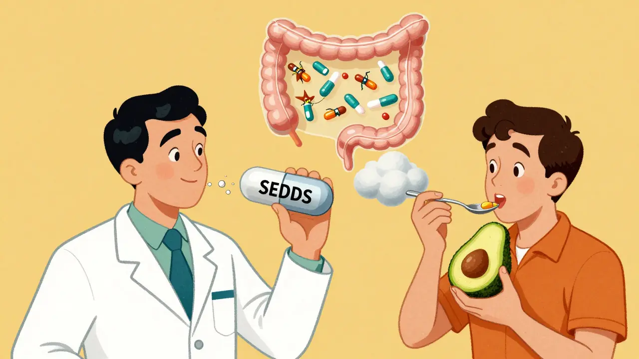 Un pharmacien fait exploser une gélule lipidique qui devient des nanoparticules dans l'intestin.