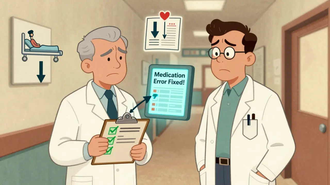 Un pharmacien montre à un médecin les résultats d'une réconciliation médicamenteuse sur un écran, avec des icônes de réduction des complications.