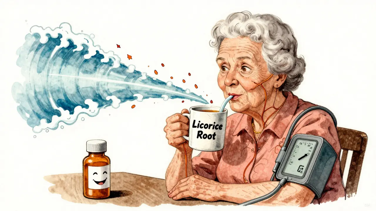 Une femme âgée boit un thé à la réglisse qui fait fuir le potassium de son corps, illustration vintage.