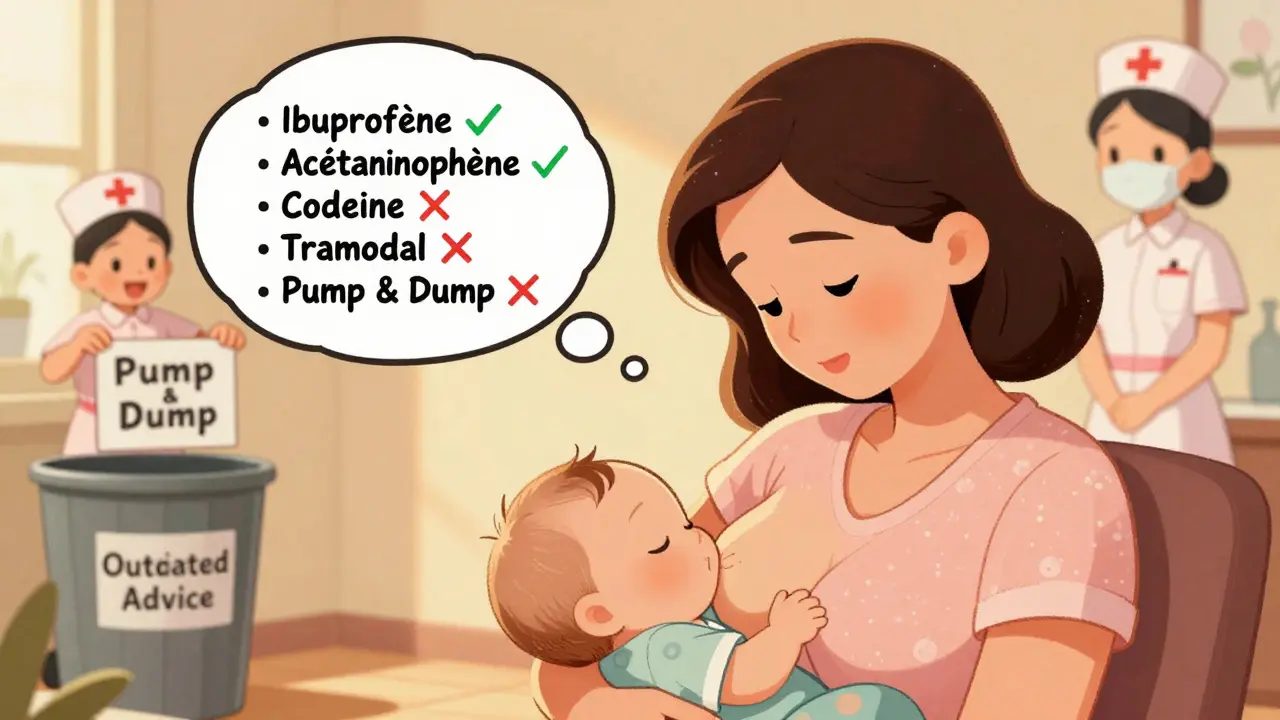 Une mère allaitant regarde une liste de médicaments sûrs et dangereux, avec une infirmière jetant une pratique obsolète à la poubelle.