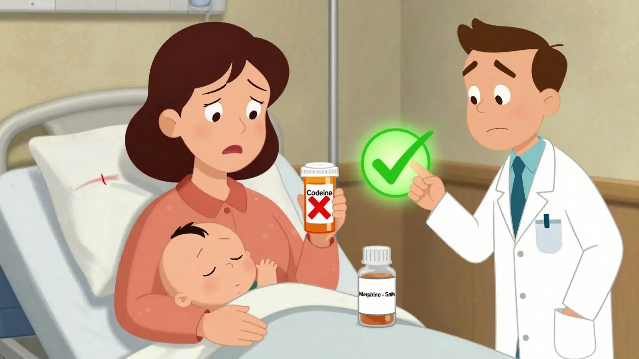 Une mère hésite devant une ordonnance de codeine, tandis qu'un bébé dort en sécurité à côté d'une alternative sûre.