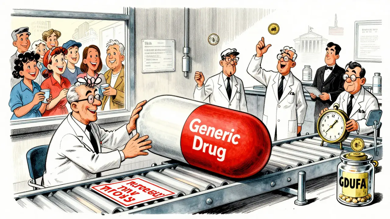 Une pilule générique traverse une chaîne de production de la FDA, approuvée par des scientifiques et avocats cartoon.