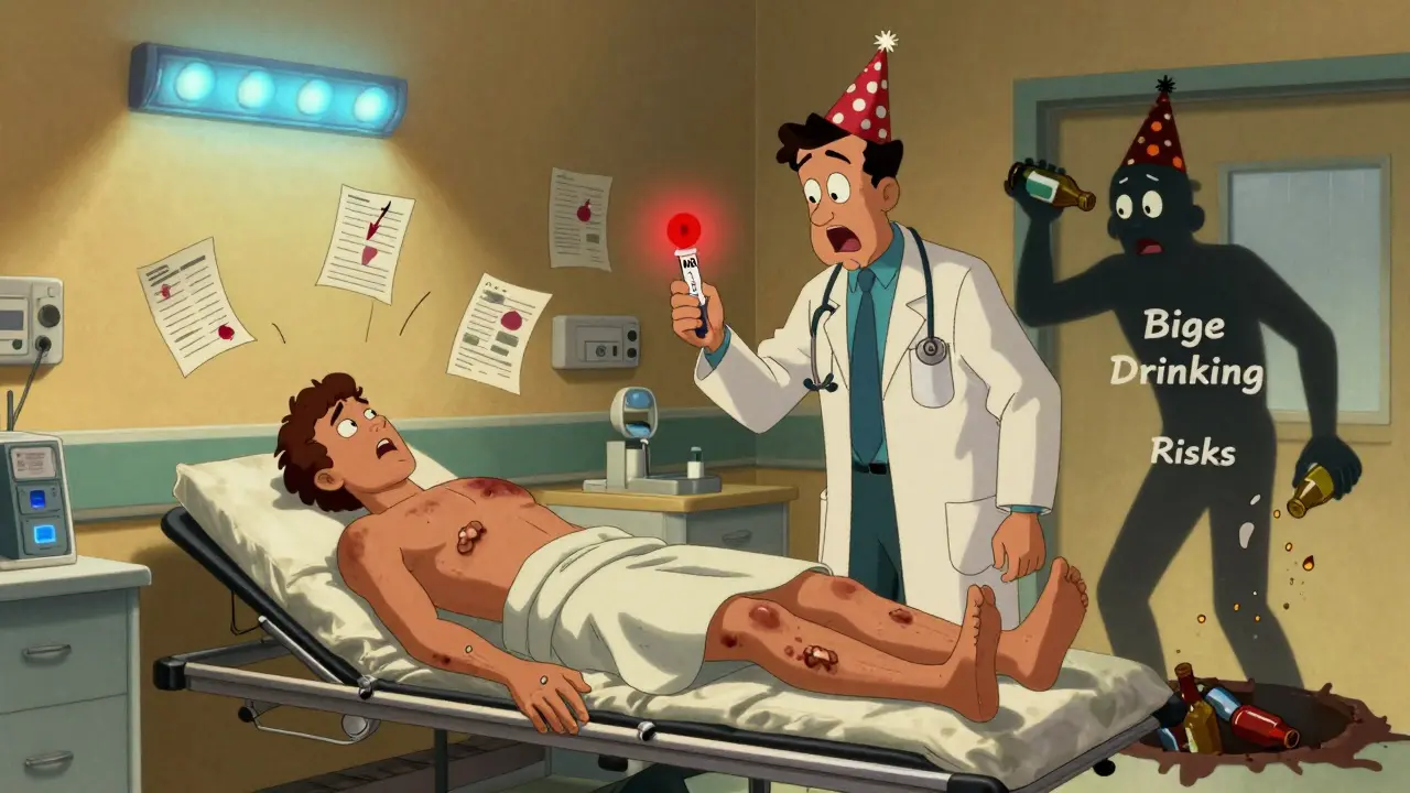 Urgence hospitalière avec patient saignant et INR alarmant, style cartoon vintage.