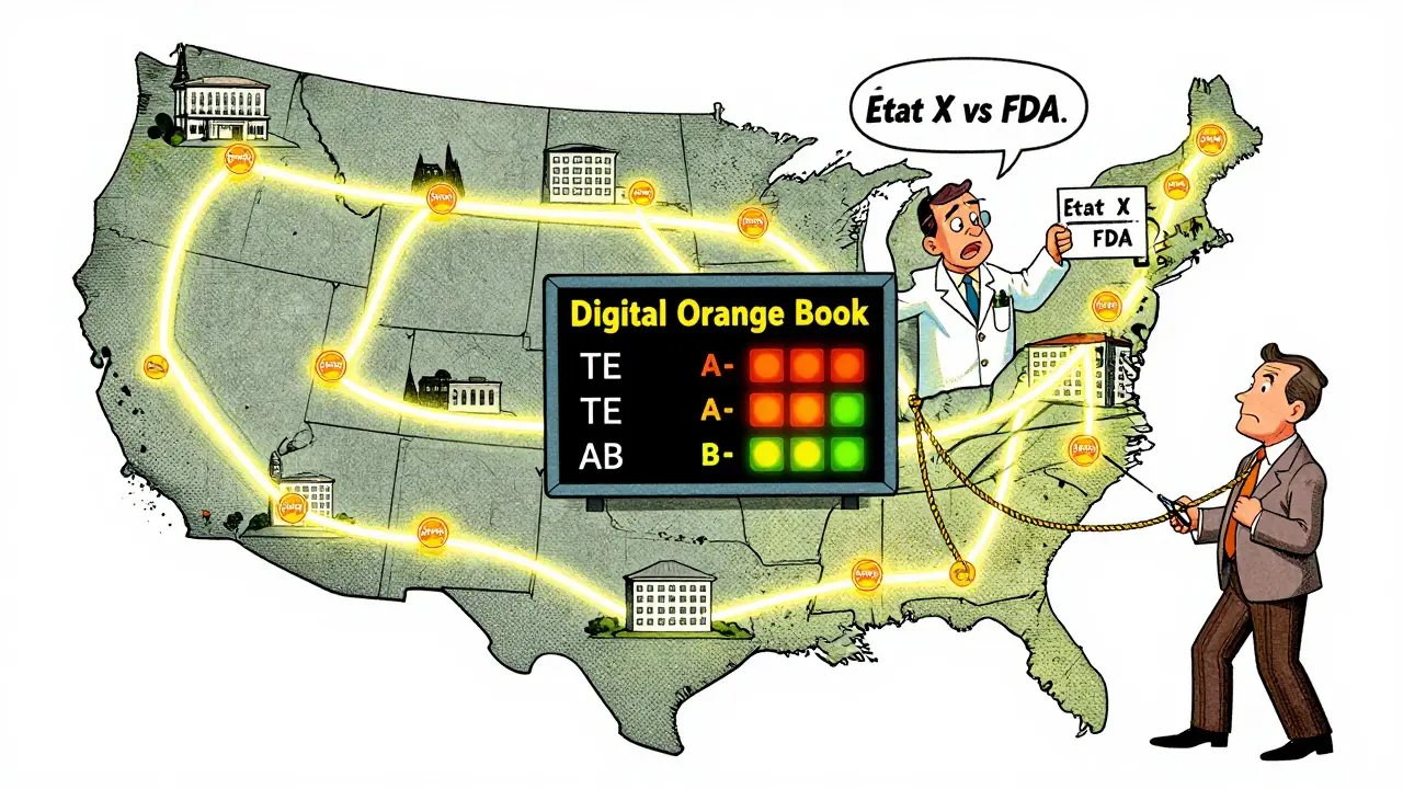 Carte des États-Unis montrant les flux du Orange Book numérique entre pharmacies et FDA, avec des codes TE qui clignotent comme des feux de circulation.