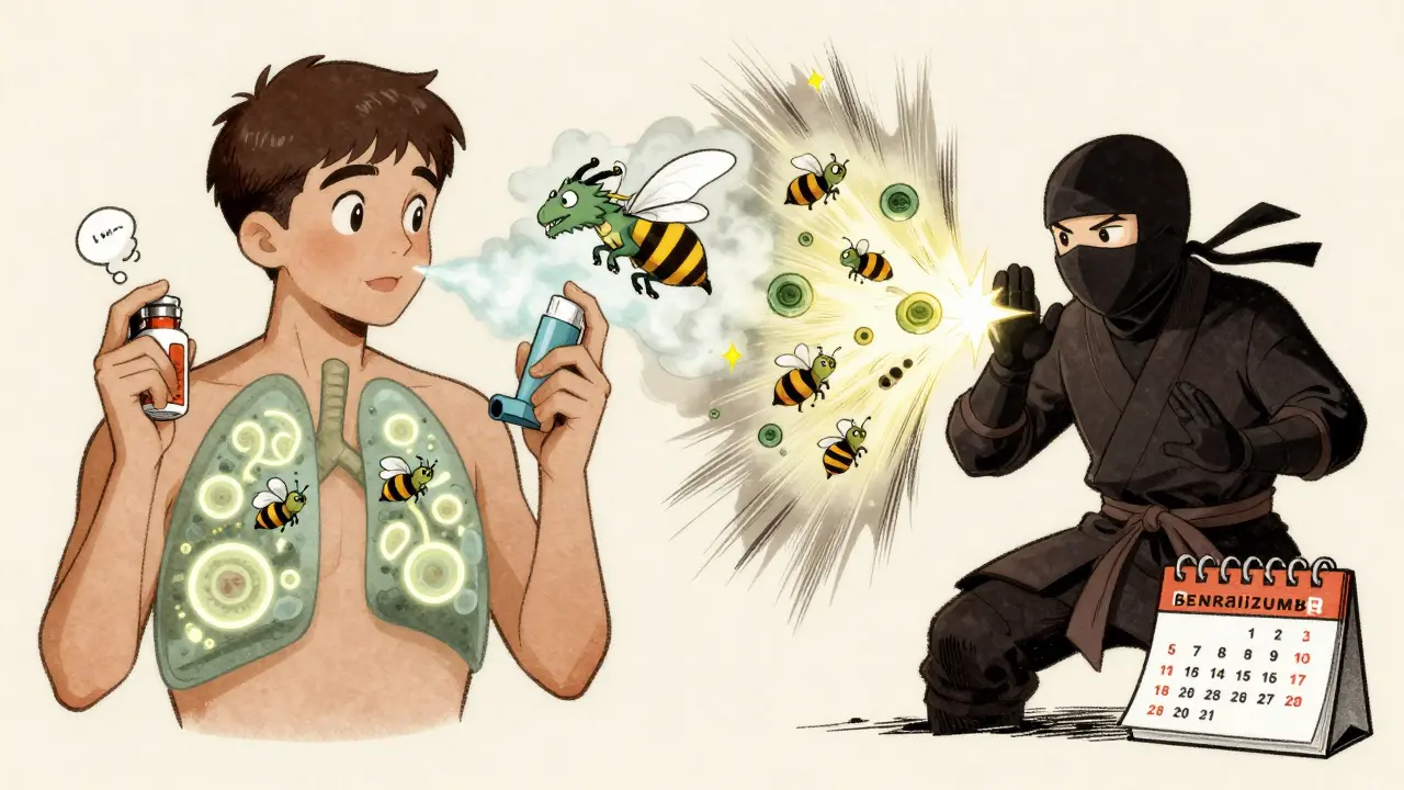 Deux traitements anti-IL-5 éliminent des cellules éosinophiles enflammées dans les poumons, représentées comme des abeilles.