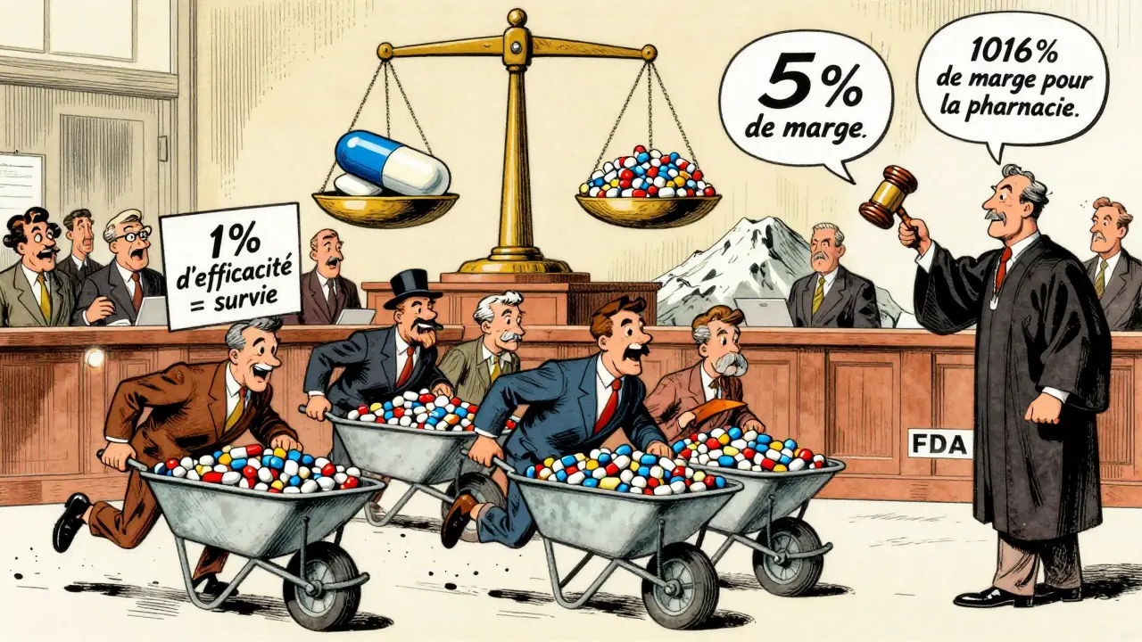 Fabricants de génériques en course, un juge et une balance entre médicament de marque et génériques, symbolisant la concurrence et les marges minces.