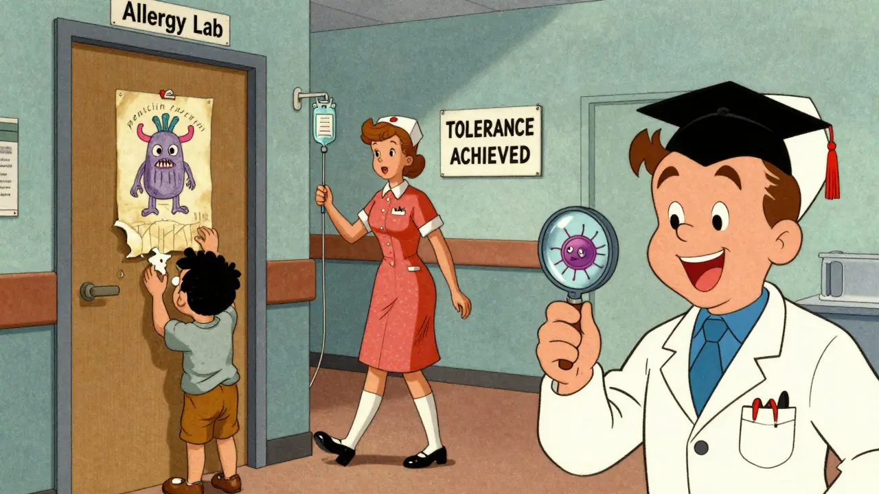 Infirmière de nuit avec un sac de pénicilline, ancienne étiquette d'allergie arrachée, cellule immunitaire en graduation, style cartoon vintage.