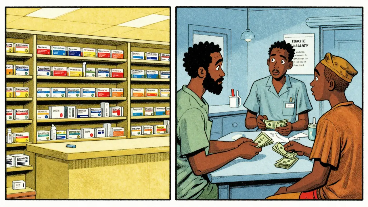 Pharmacie française et clinique africaine contrastant l'accès aux génériques.