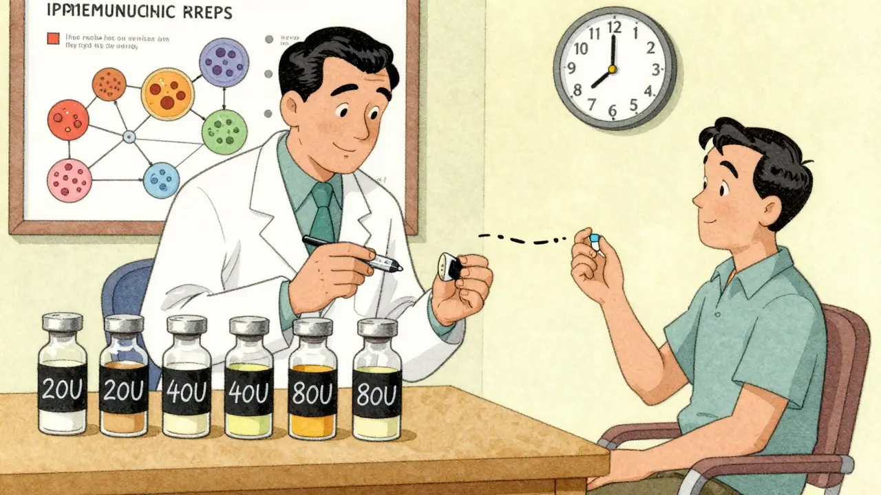 Pharmacien étiquetant des flacons de pénicilline à doses progressives, patient prenant un comprimé, tableau de doses en style cartoon rétro.