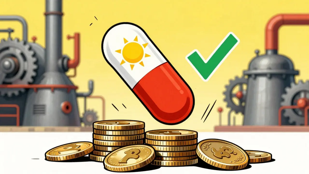 Pilule avec symboles de solubilité et perméabilité sur fond d'usine.