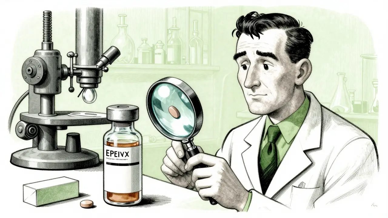 Scientifique comparant médicament classique et biosimilaire en laboratoire.