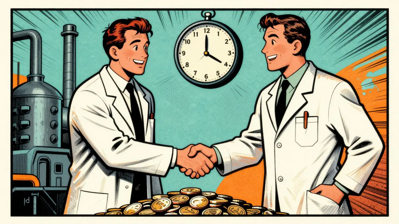 Scientifique et ouvrier serrent la main sur des pièces de monnaie.