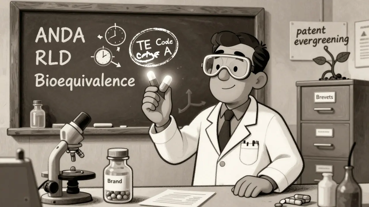 Scientifique vérifie l'équivalence bioéquivalente de deux comprimés avec un code TE A, sur un tableau de recherche pharmaceutique.