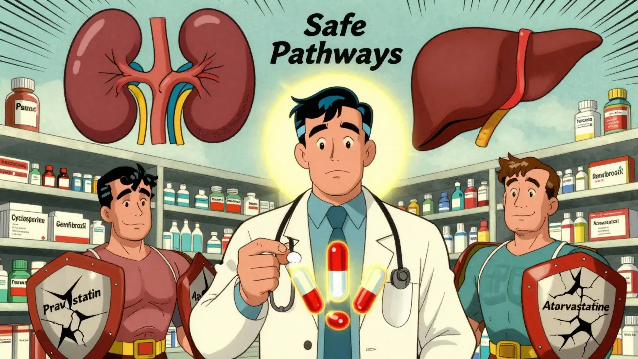 Trois statines représentées comme des superhéros, avec la pravastatine en sécurité, dans un style cartoon rétro.