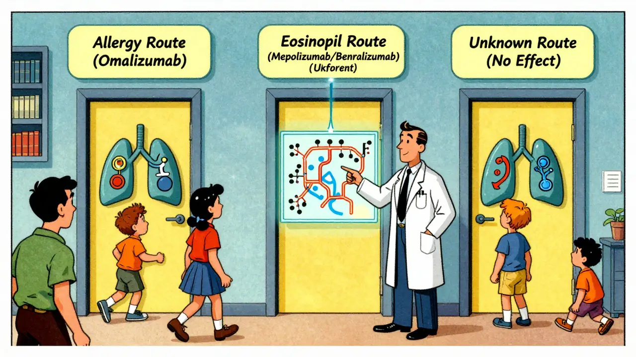 Un médecin montre trois voies de traitement pour l'asthme sévère, chaque patient suivant le chemin adapté à son profil.