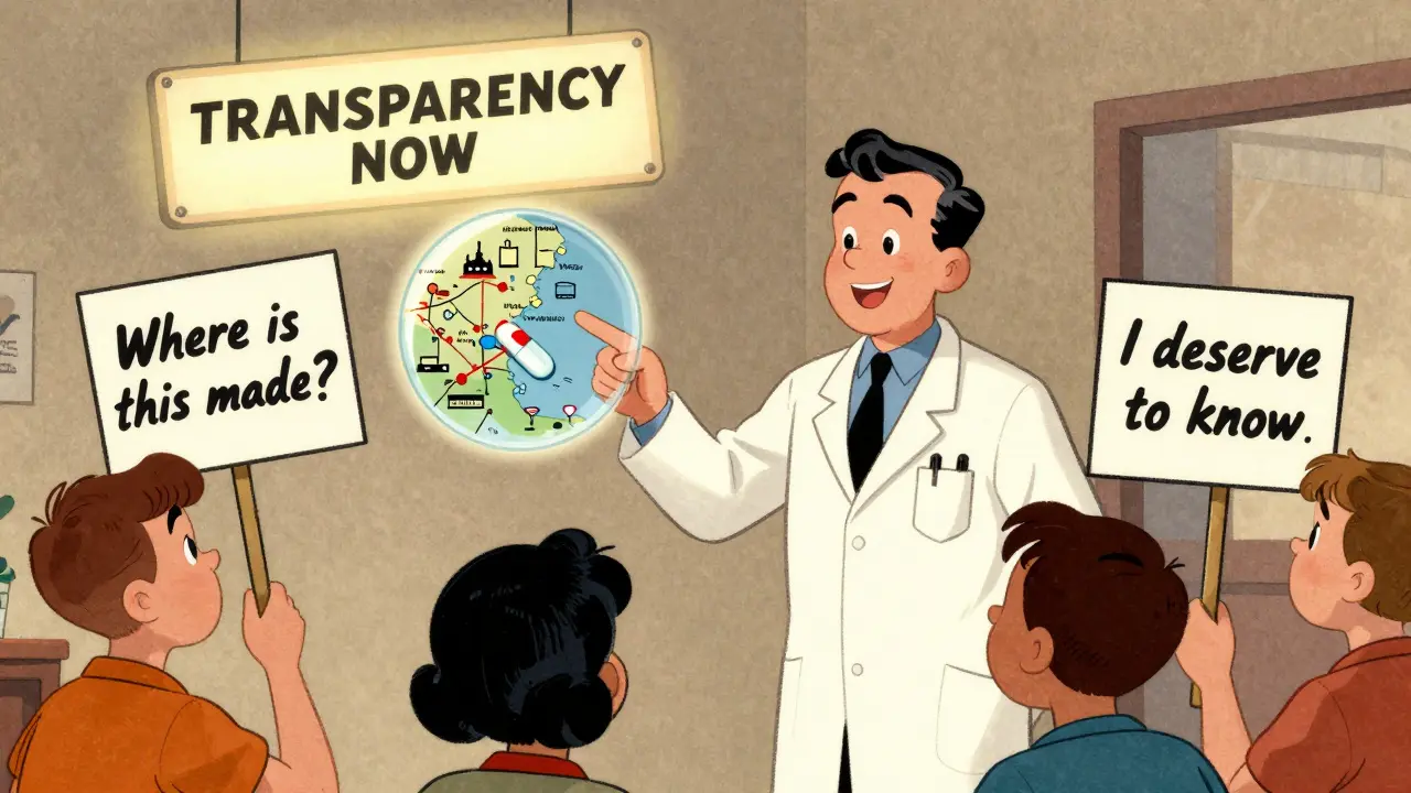 Un médecin montre une pilule transparente contenant une carte du monde, avec des patients demandant plus de transparence.