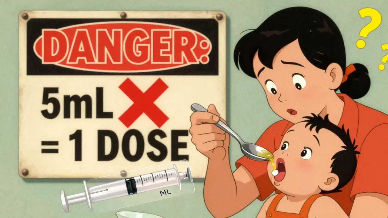 Un parent verse un médicament liquide avec une cuillère de cuisine, tandis qu'un avertissement géant le menace.