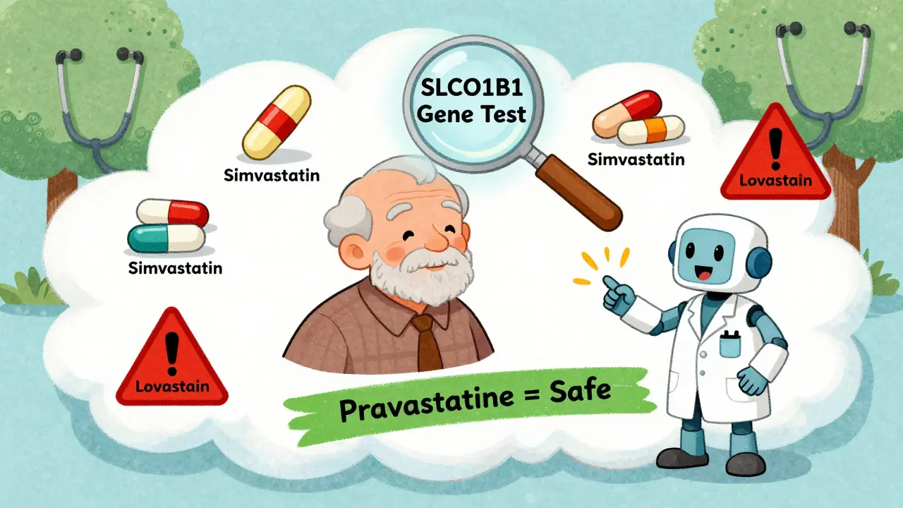 Un patient âgé entouré de médicaments, avec un test génétique qui indique la pravastatine comme choix sûr.