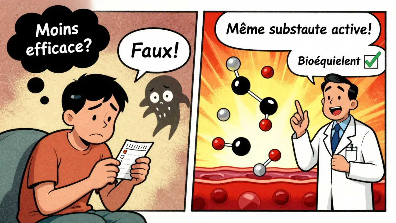 Un patient inquiet comparé à une illustration scientifique montrant que les molécules sont identiques dans les deux médicaments.