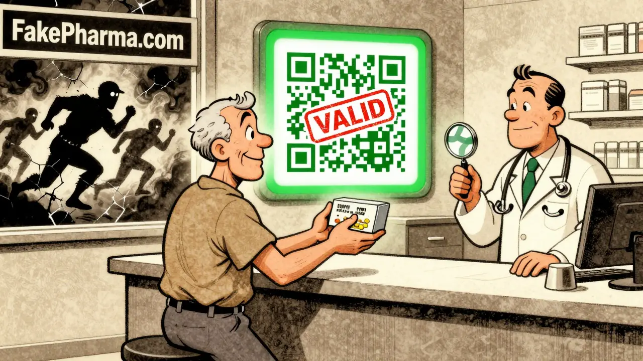 Un patient remet une boîte suspecte à un pharmacien, tandis qu'un code QR valide s'affiche et des contrefaçons fuient.
