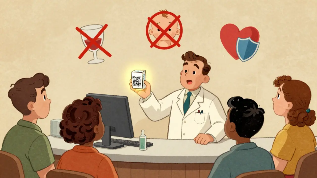 Un pharmacien montre un code QR sur une boîte de médicaments, des icônes de sécurité apparaissent au-dessus.