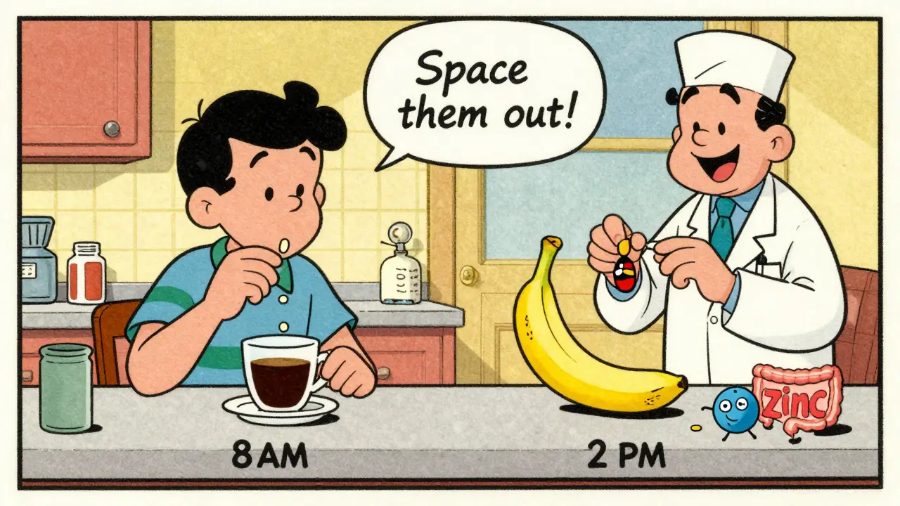 Un rituel matinal et vespéral montre la séparation des doses d'antibiotique et de zinc, avec un médecin souriant.