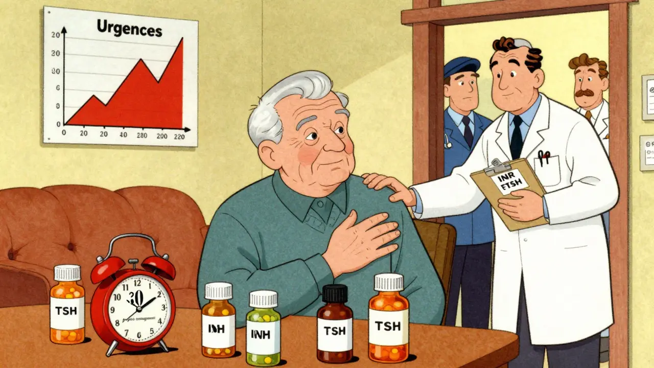 Un senior entouré de bouteilles de médicaments, avec un graphique d'urgences en arrière-plan.