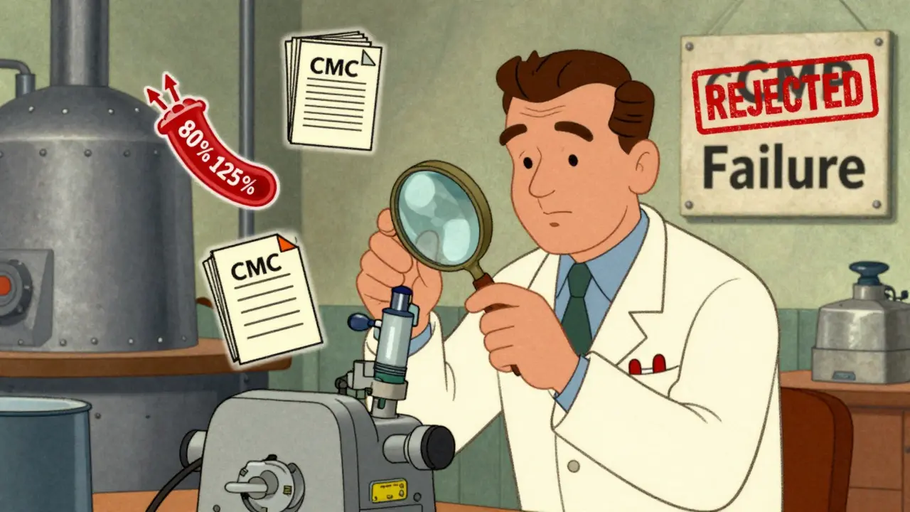 Un technicien examine un inhalateur avec des indicateurs de bioéquivalence et un avertissement cGMP.