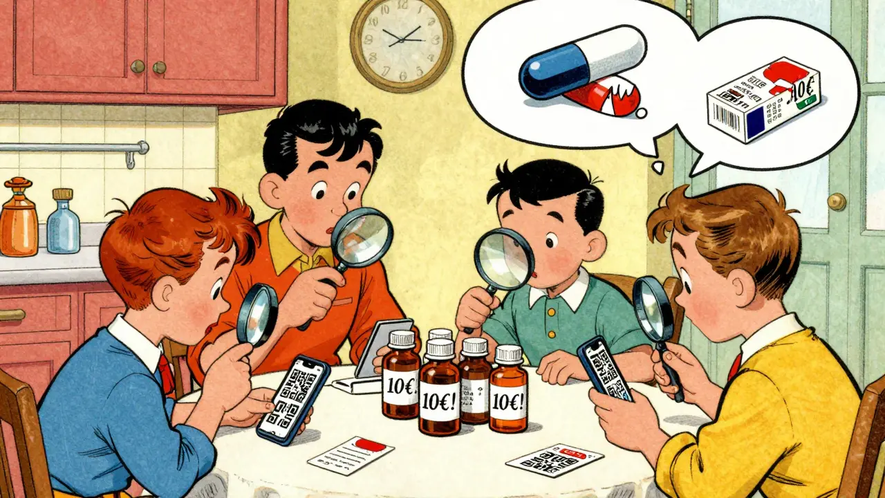 Une famille inspecte des médicaments à la maison, vérifiant les codes QR et les prix, face à une contrefaçon menaçante.