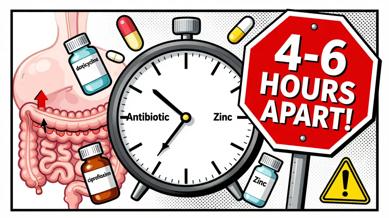 Une horloge montre deux pilules en collision avec un signal d'arrêt '4 à 6 heures d'écart'.