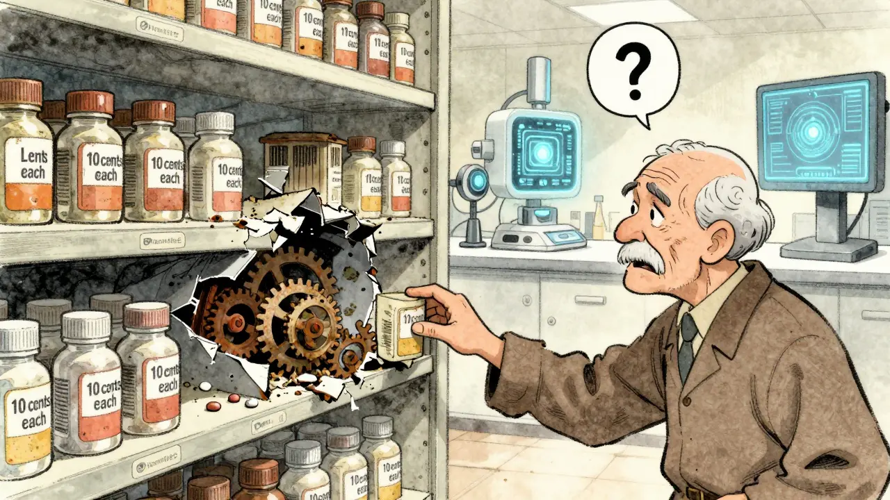 Une pilule qui se casse pour révéler des mécanismes rouillés et sales, sur une étagère de pharmacie délabrée.