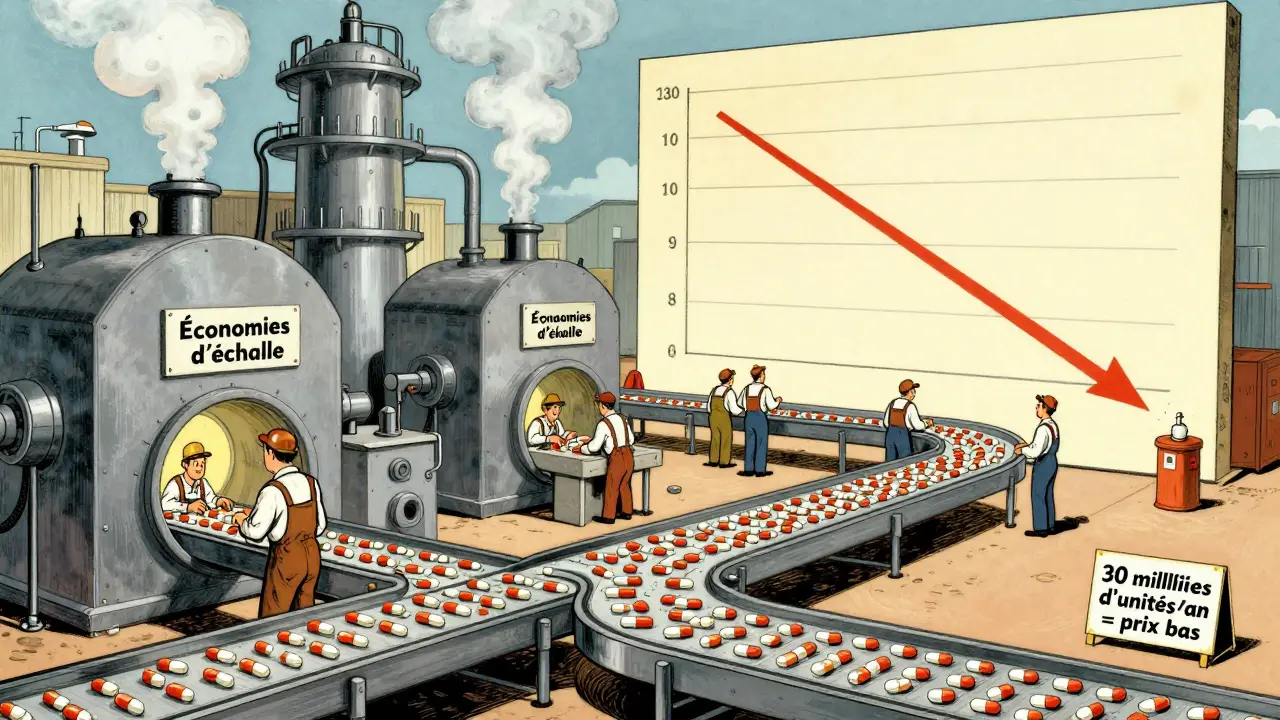 Usine géante produisant des milliards de comprimés, avec un graphique montrant la baisse des coûts à mesure que la production augmente.