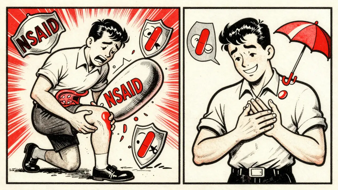 Comparaison cartoon : un comprimé qui détruit l'estomac contre un autre qui le protège doucement.