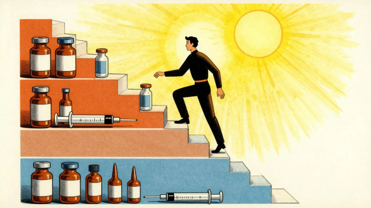 Escalier métaphorique de traitements médicaux en style dessin ancien.