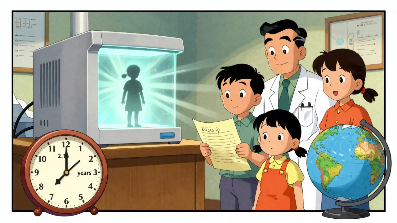 Famille dans un cabinet médical avec machine de séquençage génétique et horloge réduisant le délai de diagnostic.