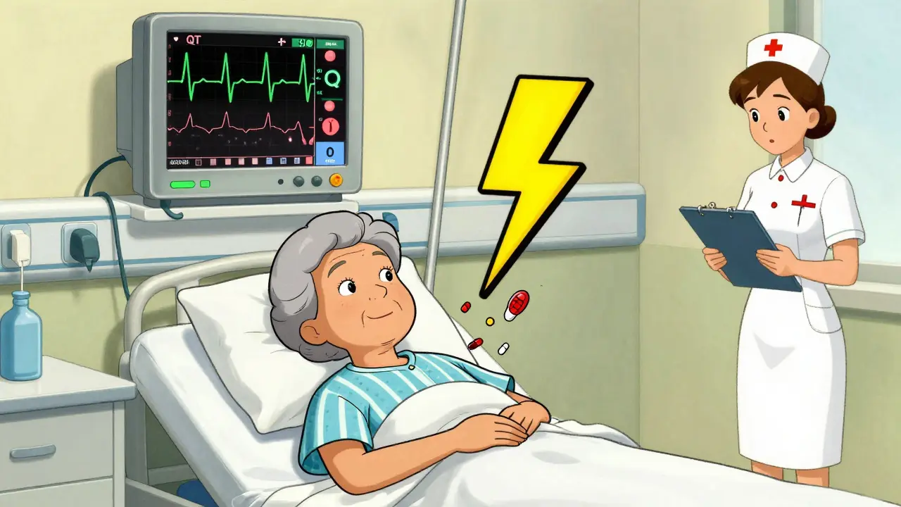 Femme âgée en traitement avec un ECG dangereusement allongé, des pilules et des ions manquants, style cartoon vintage.