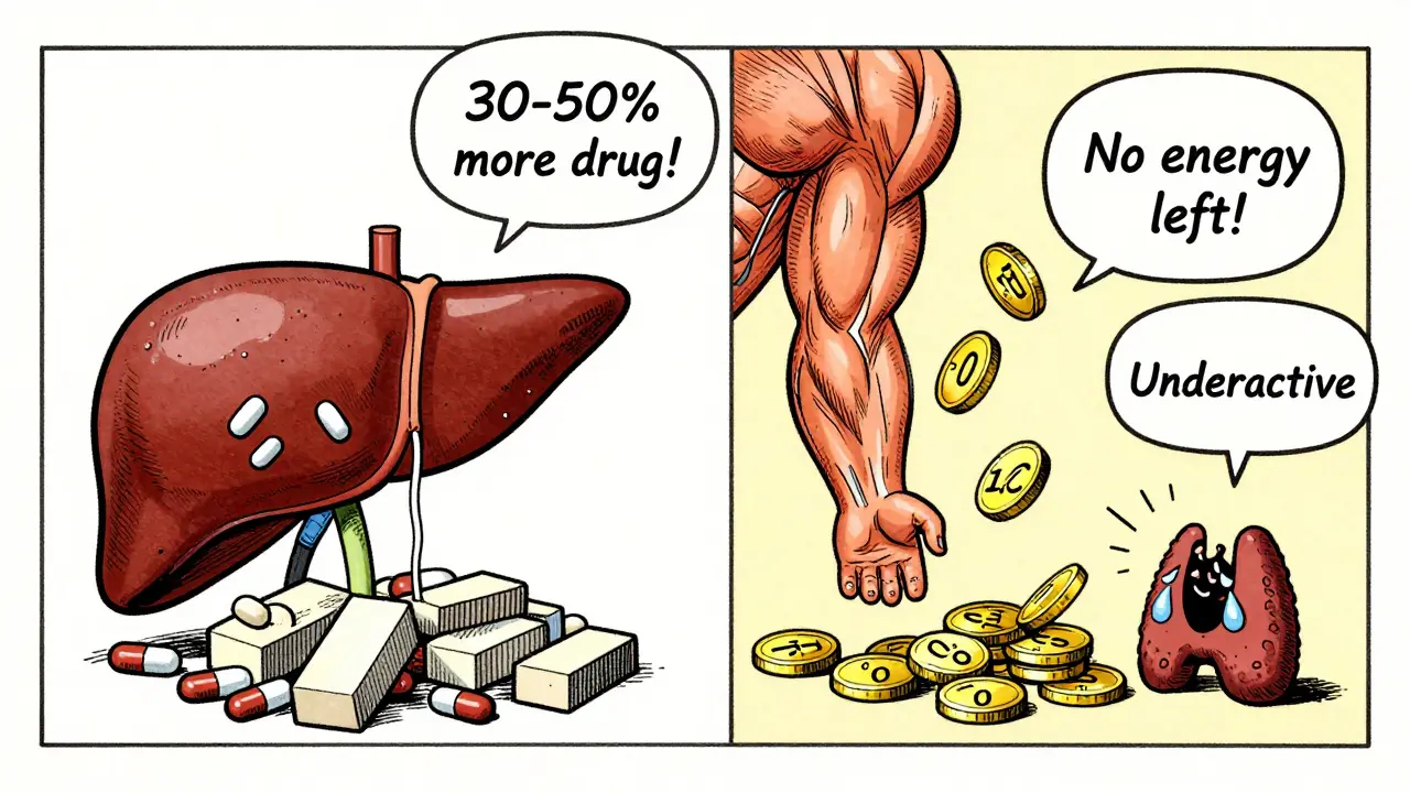 Foie lent accumulant des statines et des cellules musculaires épuisées, illustration vintage.