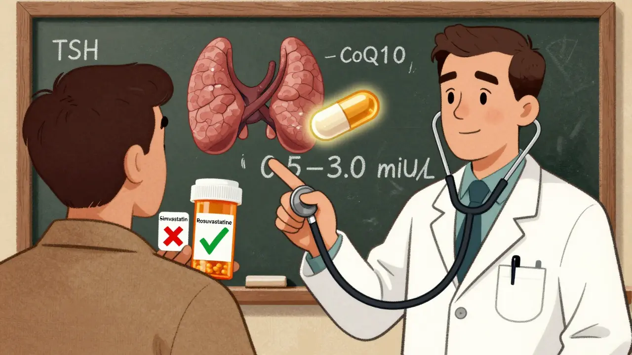 Médecin compare deux statines, une dangereuse et une sûre, avec une thyroïde équilibrée, style cartoon rétro.