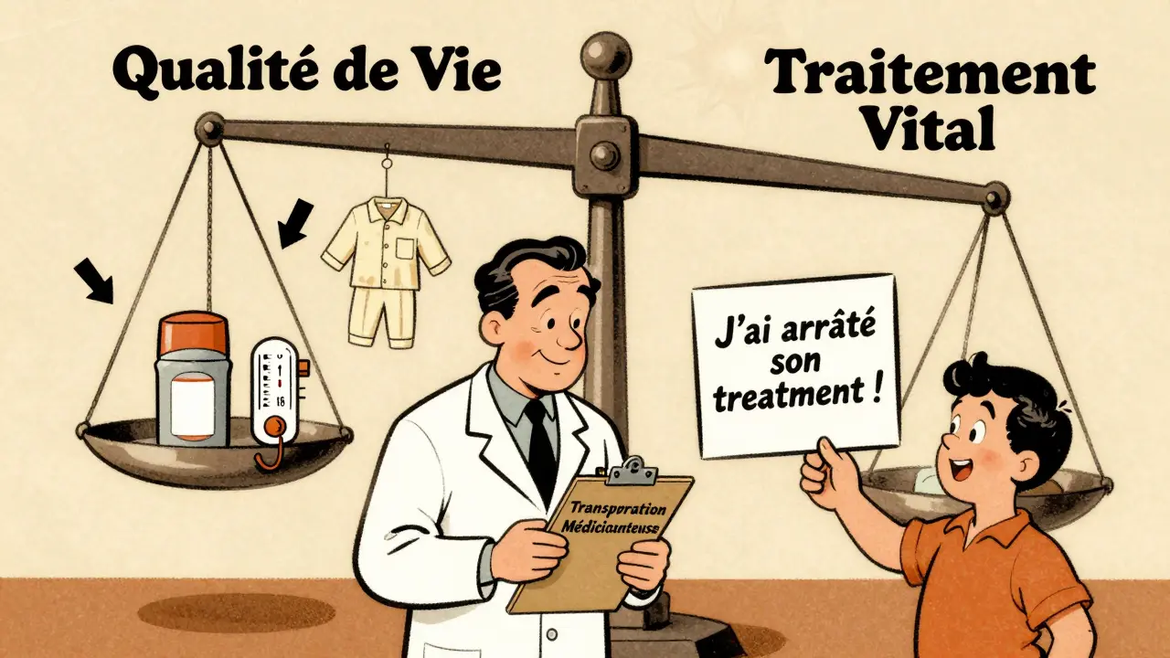 Médecin et patient face à une balance entre traitement médical et qualité de vie, avec des objets symboliques comme un antiperspirant et un thermostat.