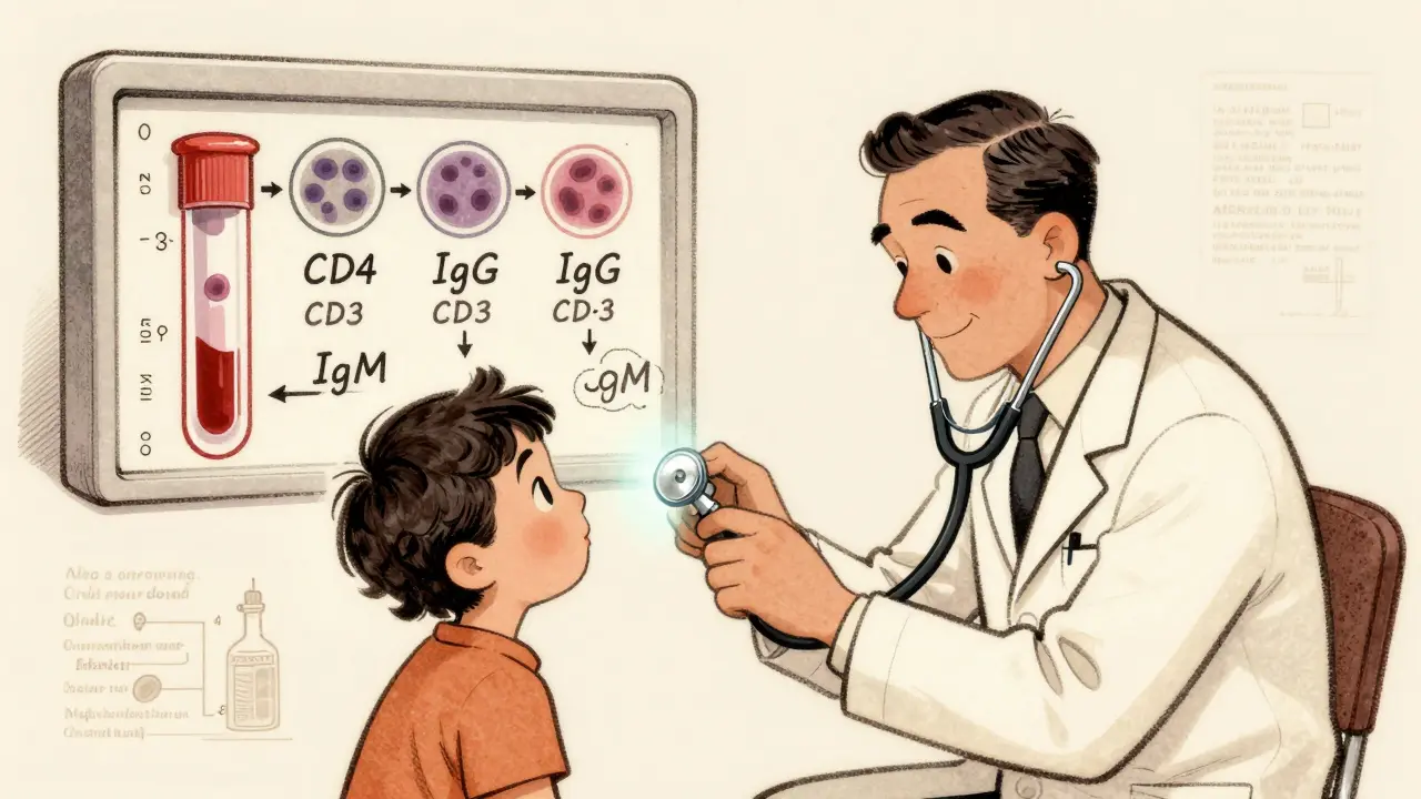 Médecin examinant un enfant avec des tests sanguins flottants montrant des valeurs anormales.