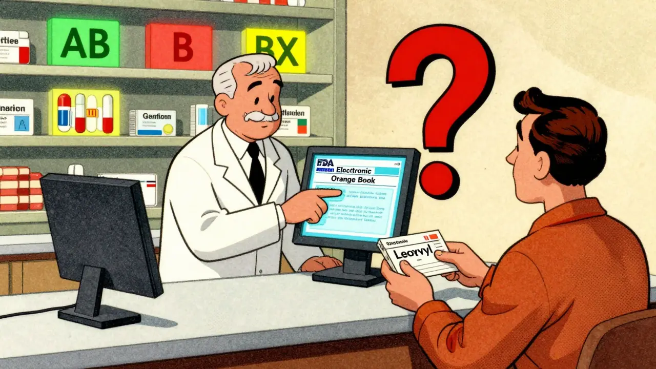 Pharmacie avec écran affichant le Orange Book et des médicaments colorés selon leur code d'équivalence.