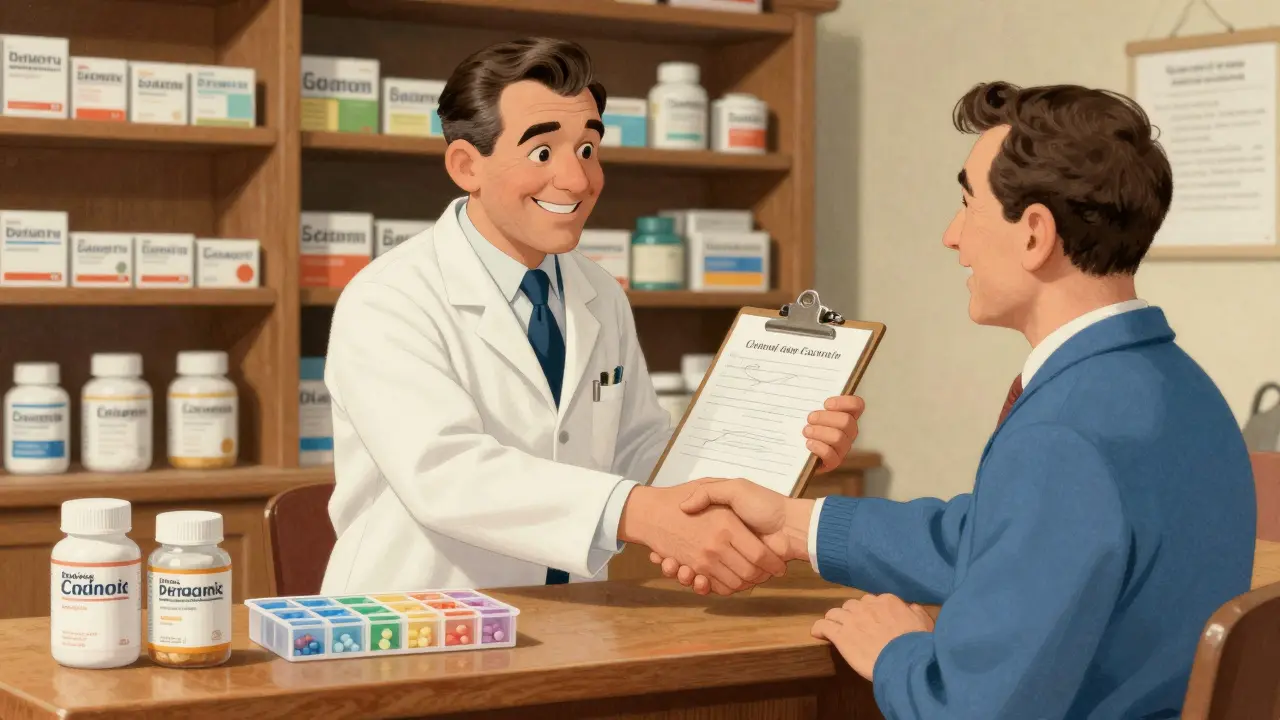 Pharmacien aidant un patient derrière un comptoir en bois