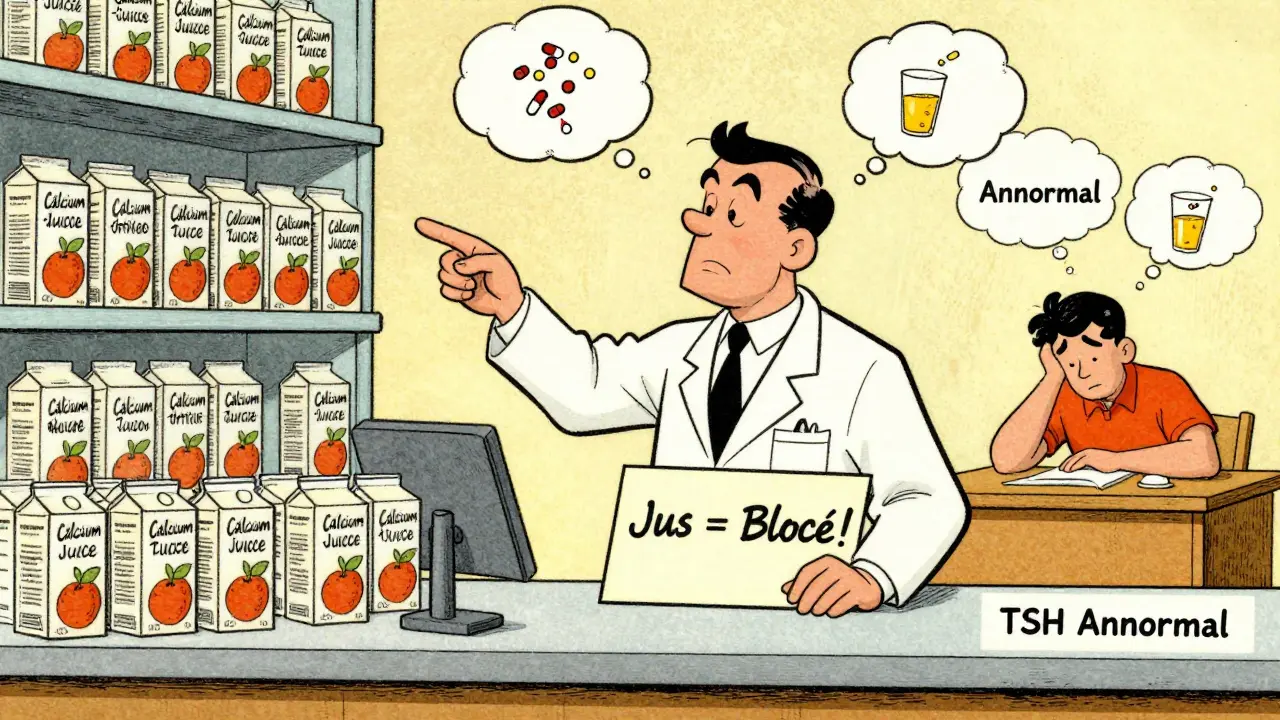 Pharmacien avertissant des interactions entre jus enrichi et médicaments, patients fatigués en arrière-plan.