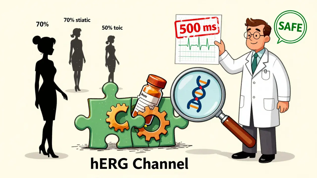 Pièce génétique bloquée par un médicament, avec des femmes et un ECG en alarme, style cartoon vintage.