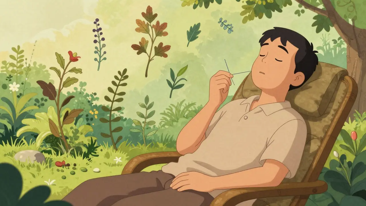 Scène apaisante de soins intégratifs avec acupuncture dans un jardin.