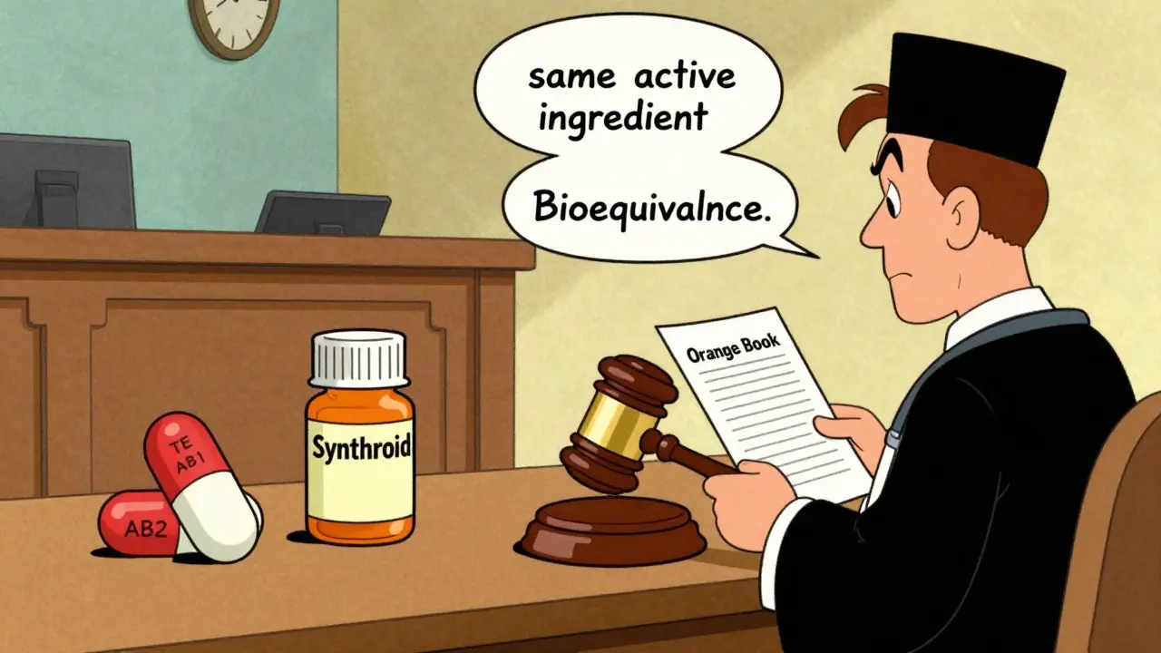 Scène cartoon d'un procès entre médicaments de marque et génériques, jugé par un livre Orange Book.