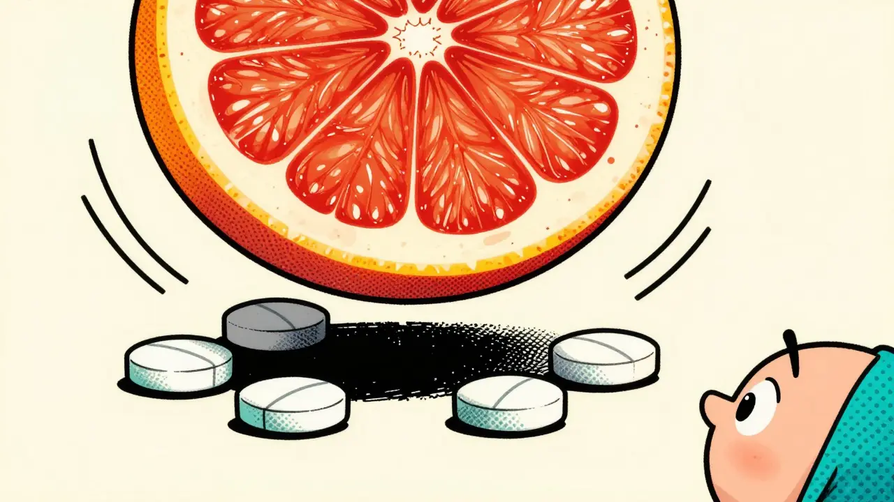 Tranche de pamplemousse au-dessus de comprimés illustrés