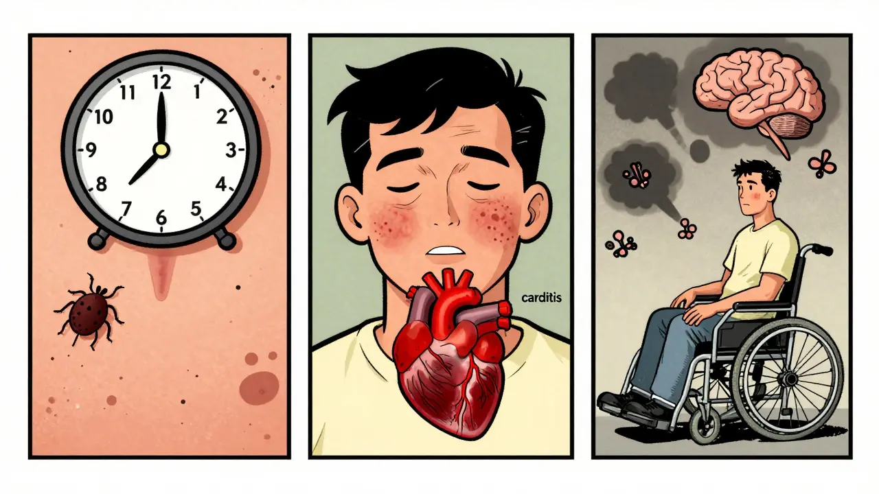 Trois étapes de la maladie de Lyme représentées en bande dessinée : piqûre, propagation et symptômes chroniques.