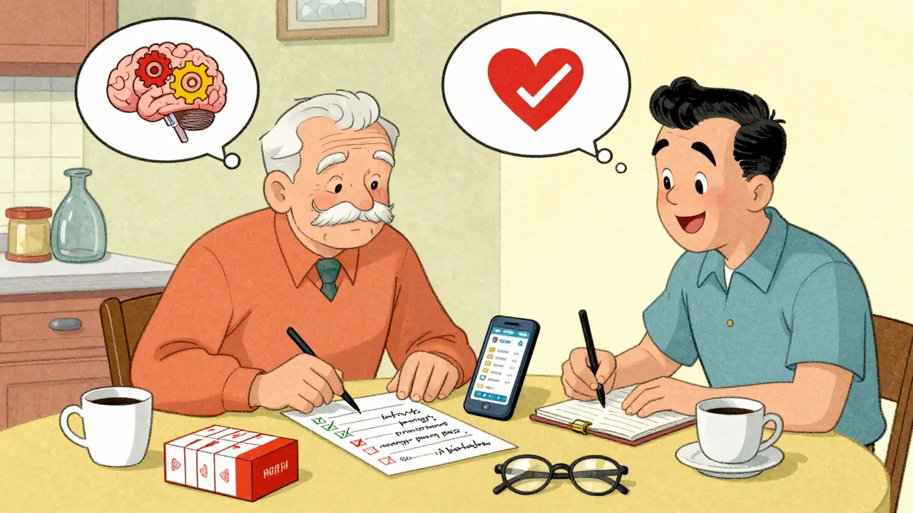 Un aîné organise ses comprimés dans une boîte à pilules avec l'aide d'une application sur smartphone et un proche.